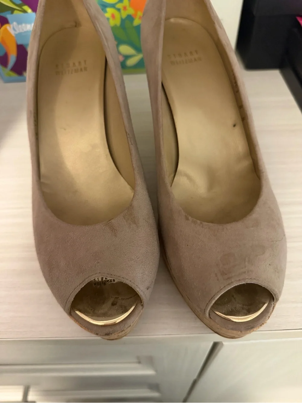 Stuart Weitzman Taupe Suede Peep-Toe Pumps with Gold Accent - Picture 2 of 8